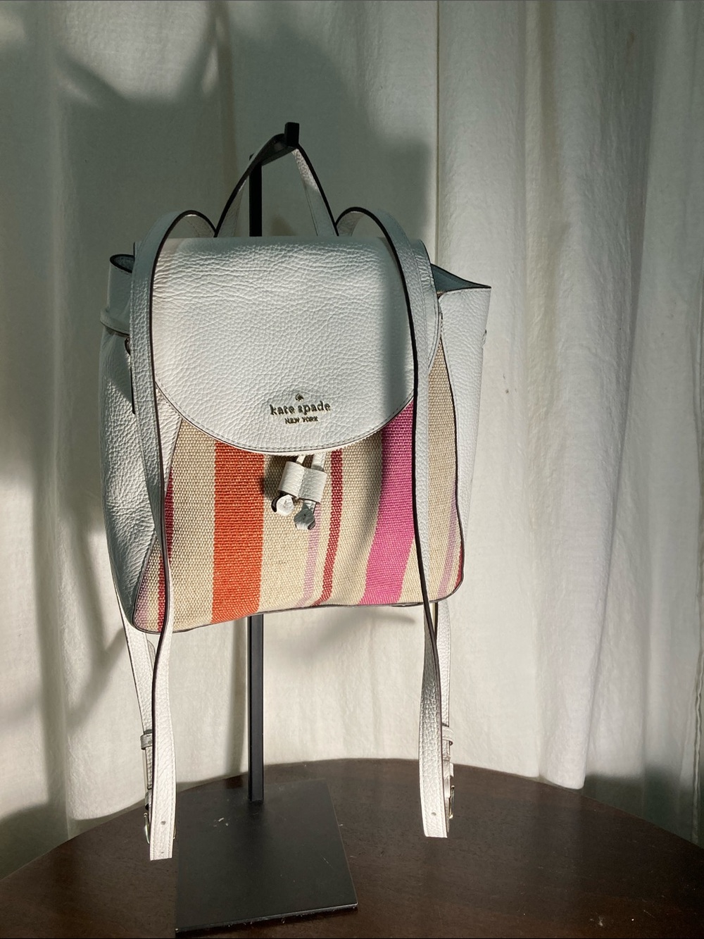 kate spade White Leather Backpack with Multicolor Stripe Front